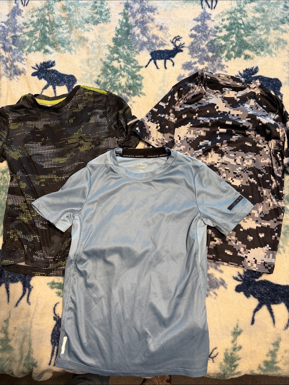 Athletic Works Boys Short Sleeve Tees - Light Blue, Black/Green, Black/Gray Camo